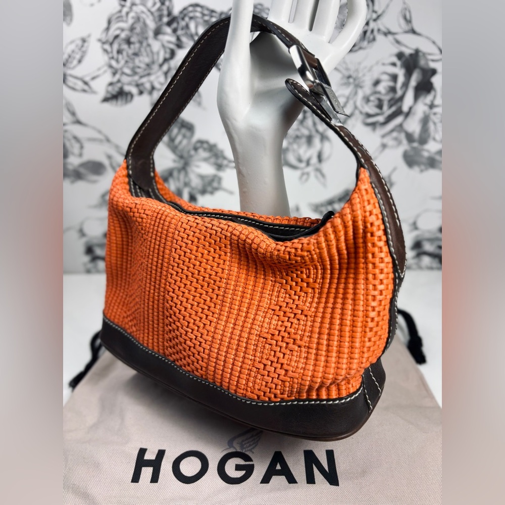 Hogan Brown Leather & Orange Woven “Antibes Mini” Shoulder Bag Purse